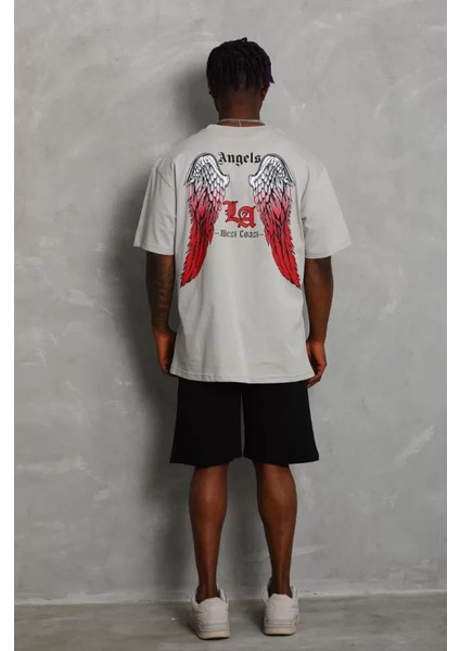 Unisex Oversize Baskılı Bisiklet Yaka T-Shirt - Gri