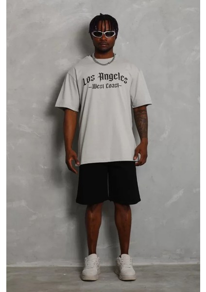 Unisex Oversize Baskılı Bisiklet Yaka T-Shirt - Gri