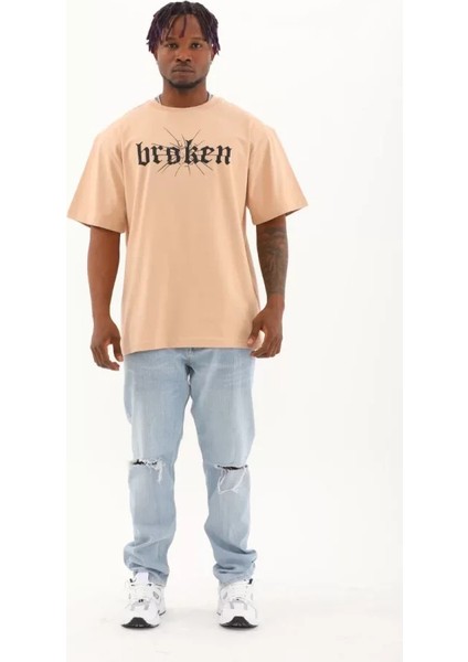 Unisex Oversize Baskılı Bisiklet Yaka T-Shirt - Bej fırsatları