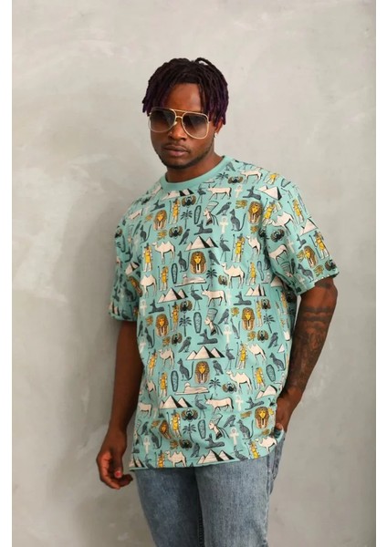 Unisex Oversize Baskılı Bisiklet Yaka T-Shirt - Mint Yeşili fırsatları