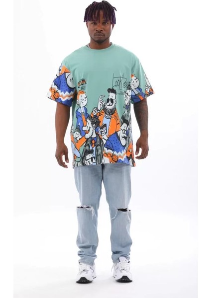 Unisex Oversize Baskılı Bisiklet Yaka T-Shirt - Mint Yeşili