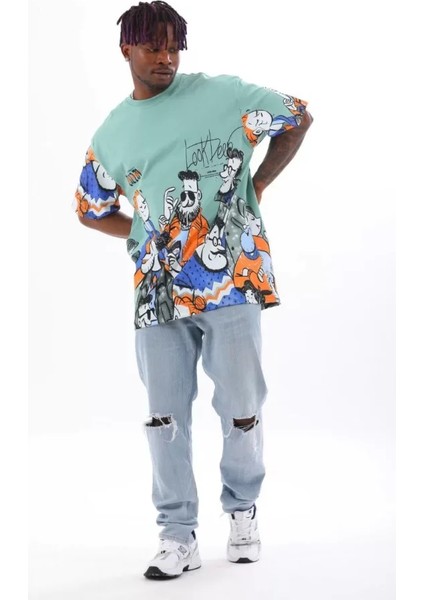 Unisex Oversize Baskılı Bisiklet Yaka T-Shirt - Mint Yeşili modelleri