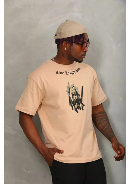 Unisex Oversize Baskılı Bisiklet Yaka T-Shirt - Bej