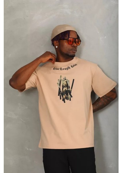 Unisex Oversize Baskılı Bisiklet Yaka T-Shirt - Bej