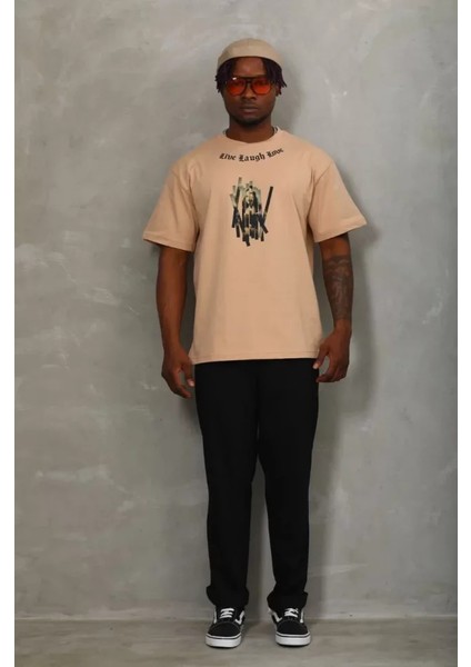 Unisex Oversize Baskılı Bisiklet Yaka T-Shirt - Bej