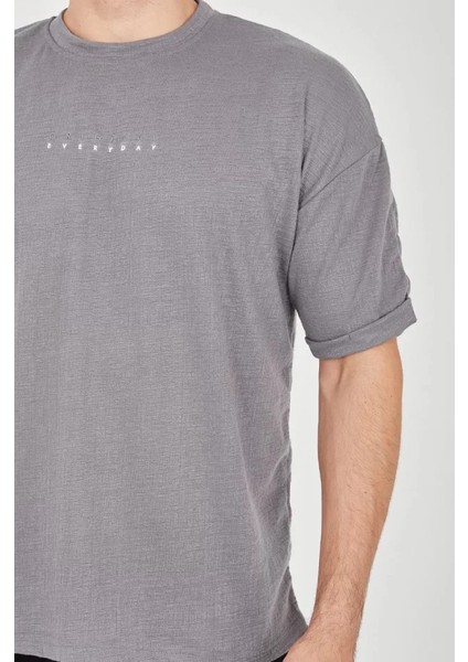 Unisex Jakar Kumaş Rahat Kol T-Shirt - Gri fiyatları