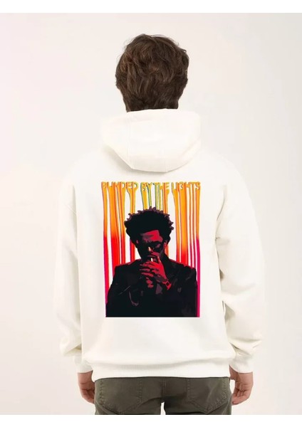 Unisex Baskılı Oversize Üç Iplik Kapüşonlu Sweatshirt - Beyaz