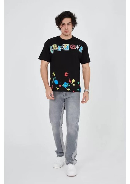 Erkek Baskılı Penye T-Shirt - Siyah