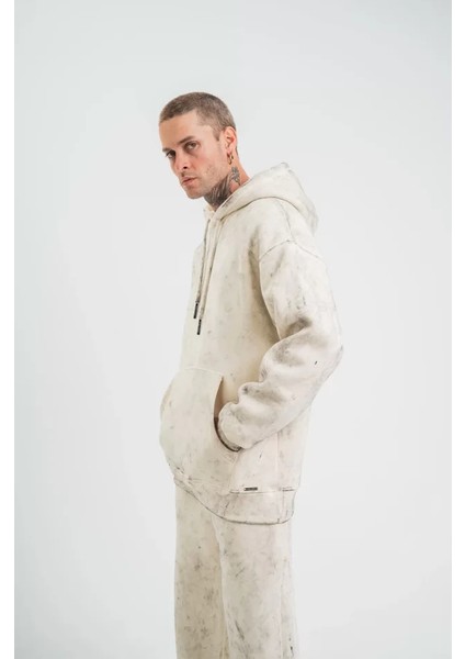 Unisex Double Oversize Kapşonlu Yıkamalı Sweatshirt - Krem
