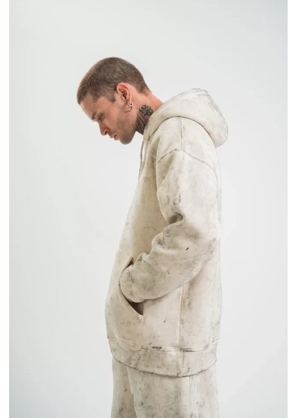 Unisex Double Oversize Kapşonlu Yıkamalı Sweatshirt - Krem