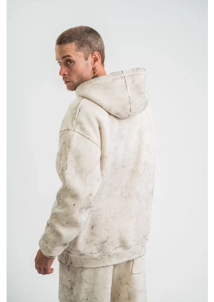 Unisex Double Oversize Kapşonlu Yıkamalı Sweatshirt - Krem