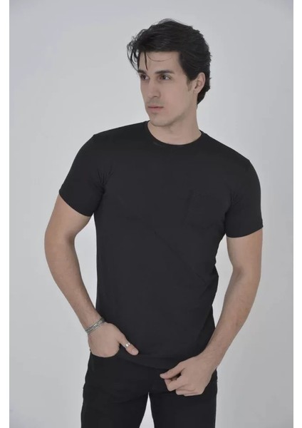 Erkek File Cepli Slim Fit T-Shirt - Siyah