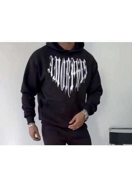 Uzun Kol Kapşonlu Baskılı Sweatshirt - Siyah