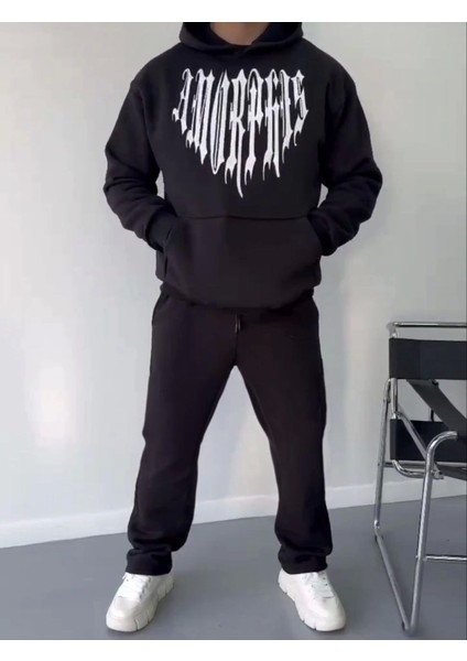 Uzun Kol Kapşonlu Baskılı Sweatshirt - Siyah
