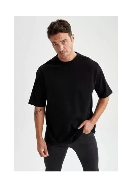 Unisex Basic Bisiklet Yaka Oversize T-Shirt - Siyah