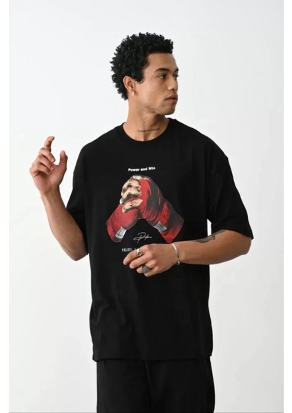 Unisex Baskılı Oversize T-Shirt - Siyah