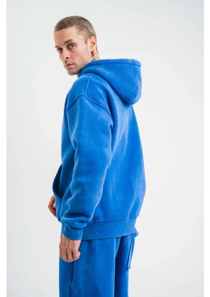 Unisex Double Oversize Kapşonlu Yıkamalı Sweatshirt - Mavi