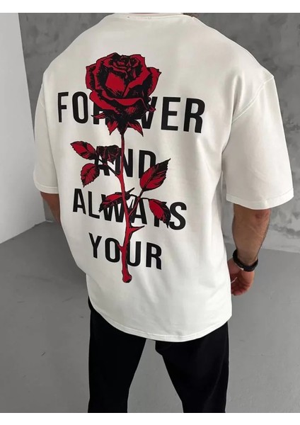Unisex Bisiklet Yaka Baskılı Oversize T-Shirt - Beyaz fiyatları