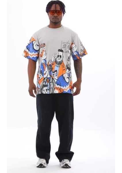 Unisex Oversize Baskılı Bisiklet Yaka T-Shirt - Gri