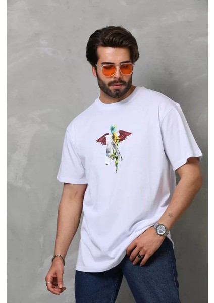 Unisex Bisiklet Yaka Baskılı Oversize T-Shirt - Beyaz fiyatları