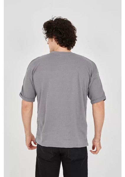 Unisex Jakar Kumaş Rahat Kol T-Shirt - Gri