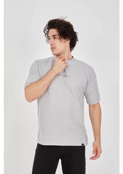 Unisex Waffle Kumaş Rahat Kol T-Shirt - Boyalı Gri