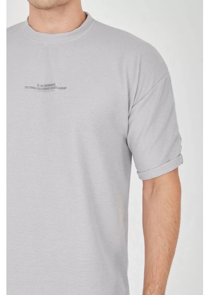 Unisex Waffle Kumaş Rahat Kol T-Shirt - Boyalı Gri