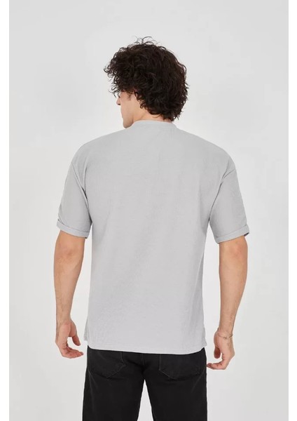 Unisex Waffle Kumaş Rahat Kol T-Shirt - Boyalı Gri