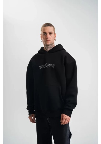 Unisex Üç Iplik Kapşonlu Nakışlı Sweatshirt - Siyah