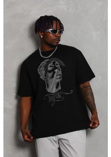 Unisex Oversize Taşlı Bisiklet Yaka T-Shirt - Siyah