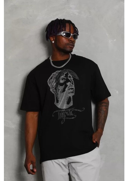Unisex Oversize Taşlı Bisiklet Yaka T-Shirt - Siyah