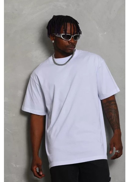 Unisex Oversize Düz Bisiklet Yaka T-Shirt - Beyaz modelleri