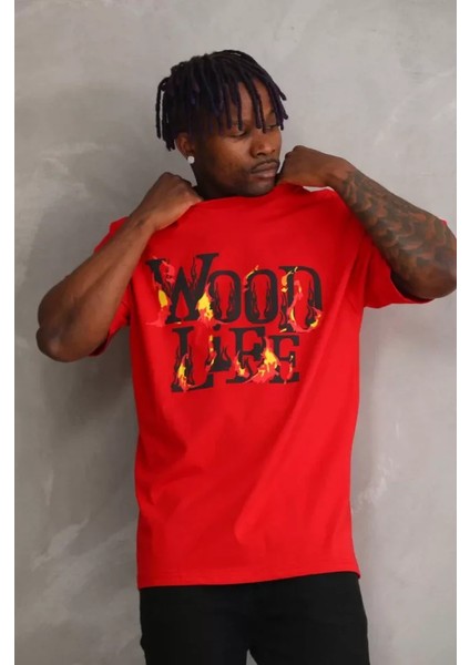 Unisex Baskılı Oversize T-Shirt - Kırmızı modelleri