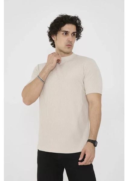 Unisex Bisiklet Yaka Slim Fit T-Shirt- Bej modelleri