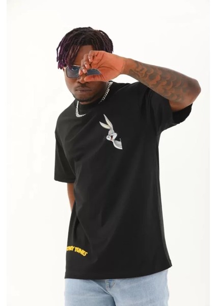 Unisex Oversize Baskılı Bisiklet Yaka T-Shirt - Siyah