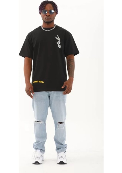 Unisex Oversize Baskılı Bisiklet Yaka T-Shirt - Siyah