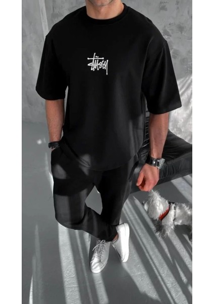 Unisex Bisiklet Yaka Baskılı Oversize T-Shirt - Siyah