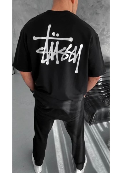 Unisex Bisiklet Yaka Baskılı Oversize T-Shirt - Siyah fiyatları