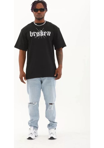 Unisex Oversize Baskılı Bisiklet Yaka T-Shirt - Siyah