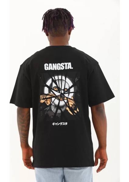 Unisex Oversize Baskılı Bisiklet Yaka T-Shirt - Siyah