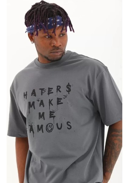 Unisex Oversize Baskılı Bisiklet Yaka T-Shirt - Füme