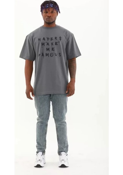 Unisex Oversize Baskılı Bisiklet Yaka T-Shirt - Füme