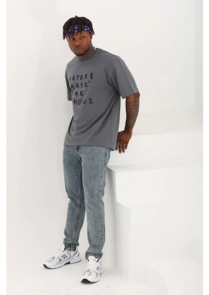 Unisex Oversize Baskılı Bisiklet Yaka T-Shirt - Füme