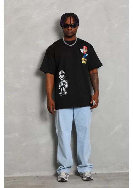 Unisex Oversize Baskılı Bisiklet Yaka T-Shirt - Siyah