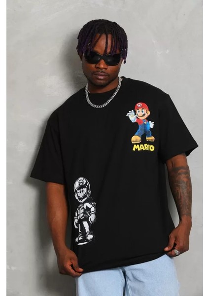 Unisex Oversize Baskılı Bisiklet Yaka T-Shirt - Siyah fiyatları