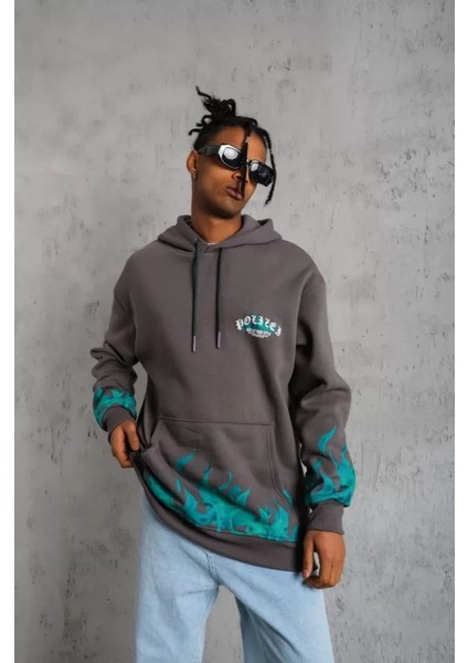 Erkek Üç Iplik Içi Pamuklu Alev Baskılı Kapüşonlu Sweatshirt - Gri fiyatları