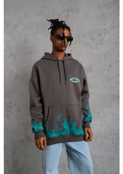 Erkek Üç Iplik Içi Pamuklu Alev Baskılı Kapüşonlu Sweatshirt - Gri fırsatları