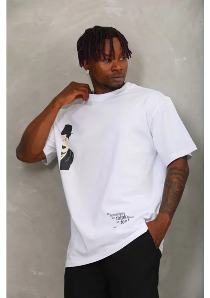 Unisex Oversize Baskılı Bisiklet Yaka T-Shirt - Beyaz