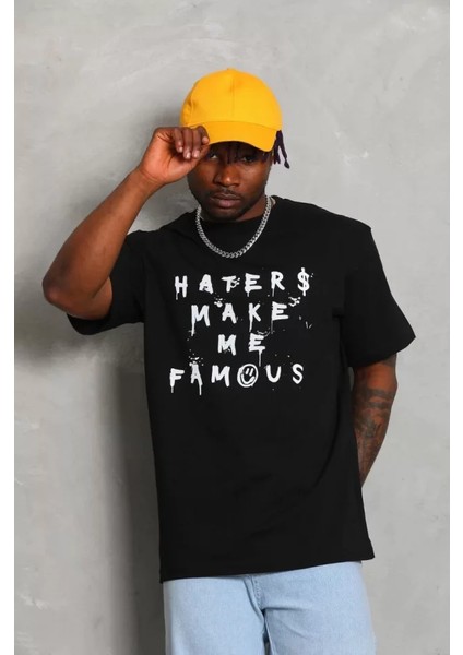 Unisex Oversize Baskılı Bisiklet Yaka T-Shirt - Siyah