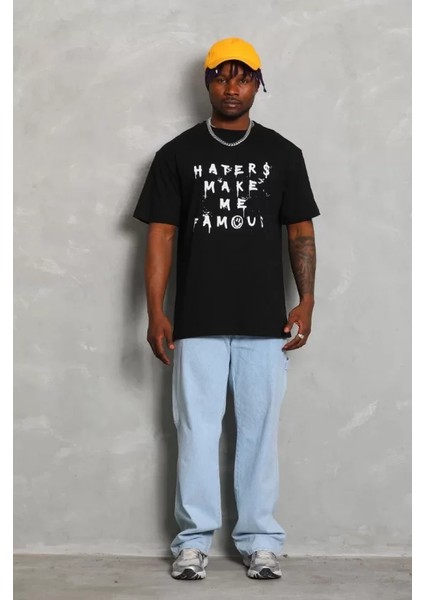 Unisex Oversize Baskılı Bisiklet Yaka T-Shirt - Siyah